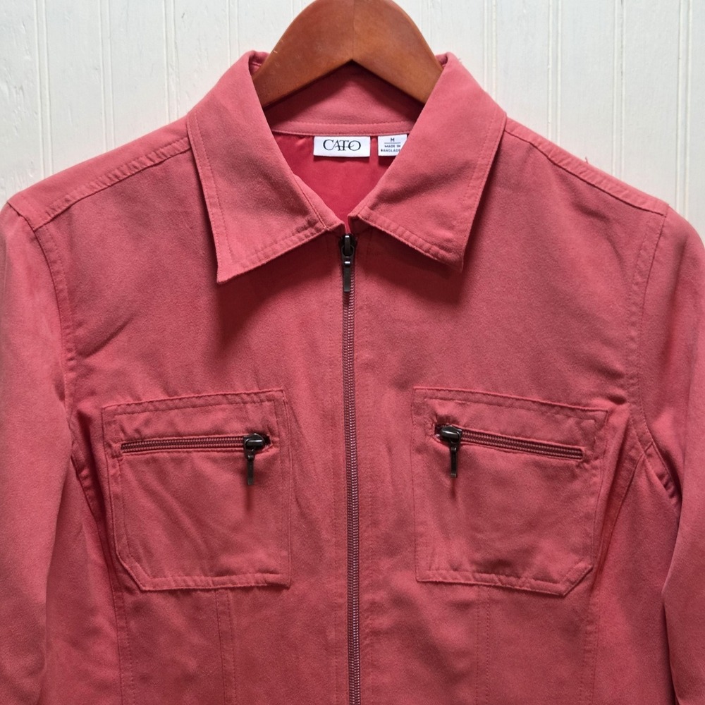 Cato Jacket Womens Medium‎ Pink Full Zip Collared Pockets Microfiber Casual